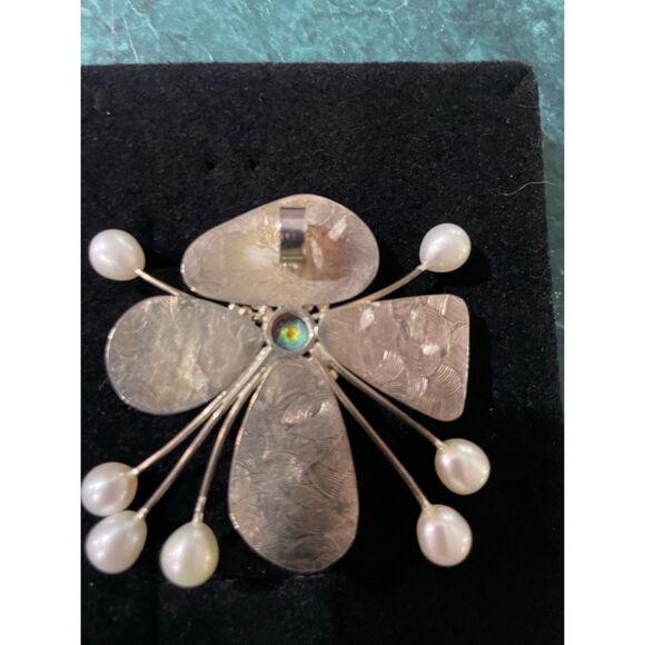 Artisan Sterling Silver Pendant with Jasper, Pearl Accents & Gemstone Center - Picture 3 of 7